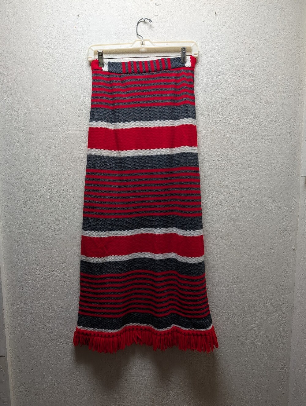 Vtg 70s Valley Set Crochet Knit Maxi Skirt ILGWU Made USA Striped Fringe Sz 12